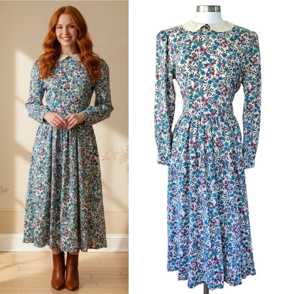Lanz Originals Vintage Floral Lace Collar Maxi Dress Cottagecore Prairie Chic